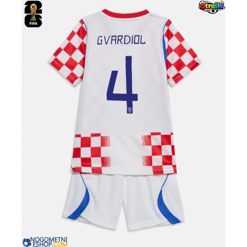 Otroški Nogometni dresi Hrvaška Josko Gvardiol #4 Domači SP 2026 Kratek Rokav (+ Kratke hlače)